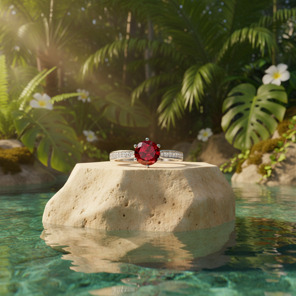 Natural 8mm round red garnet solitaire ring with cubic zirconia pavé shoulder accents in platinum plated sterling silver on a white background
