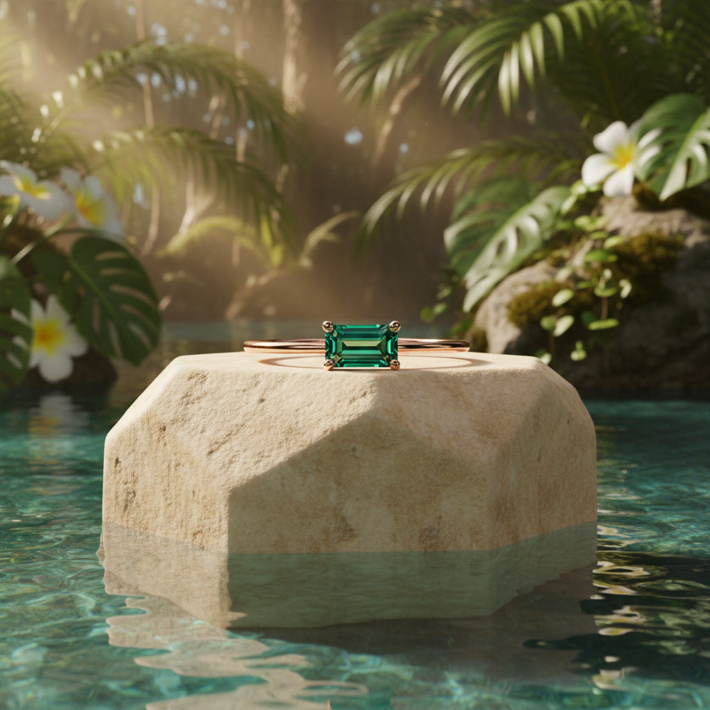 1 Carat Emerald Cut Green Moissanite Ring, Horizontal Green Moissanite Ring