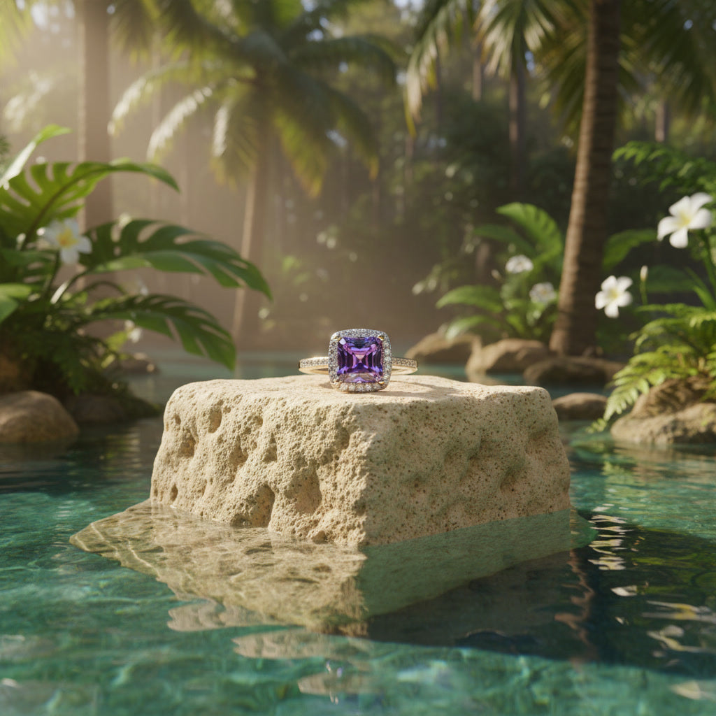 Purple Asscher cut moissanite halo ring featuring a 6×6mm lab-created center stone surrounded by sparkling cubic zirconia in sterling silver.