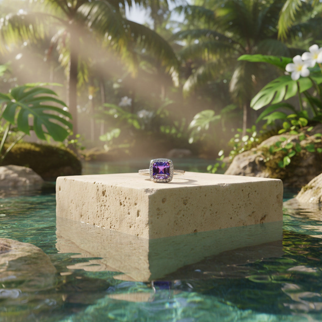 Purple Asscher cut moissanite halo ring featuring a 6×6mm lab-created center stone surrounded by sparkling cubic zirconia in sterling silver.