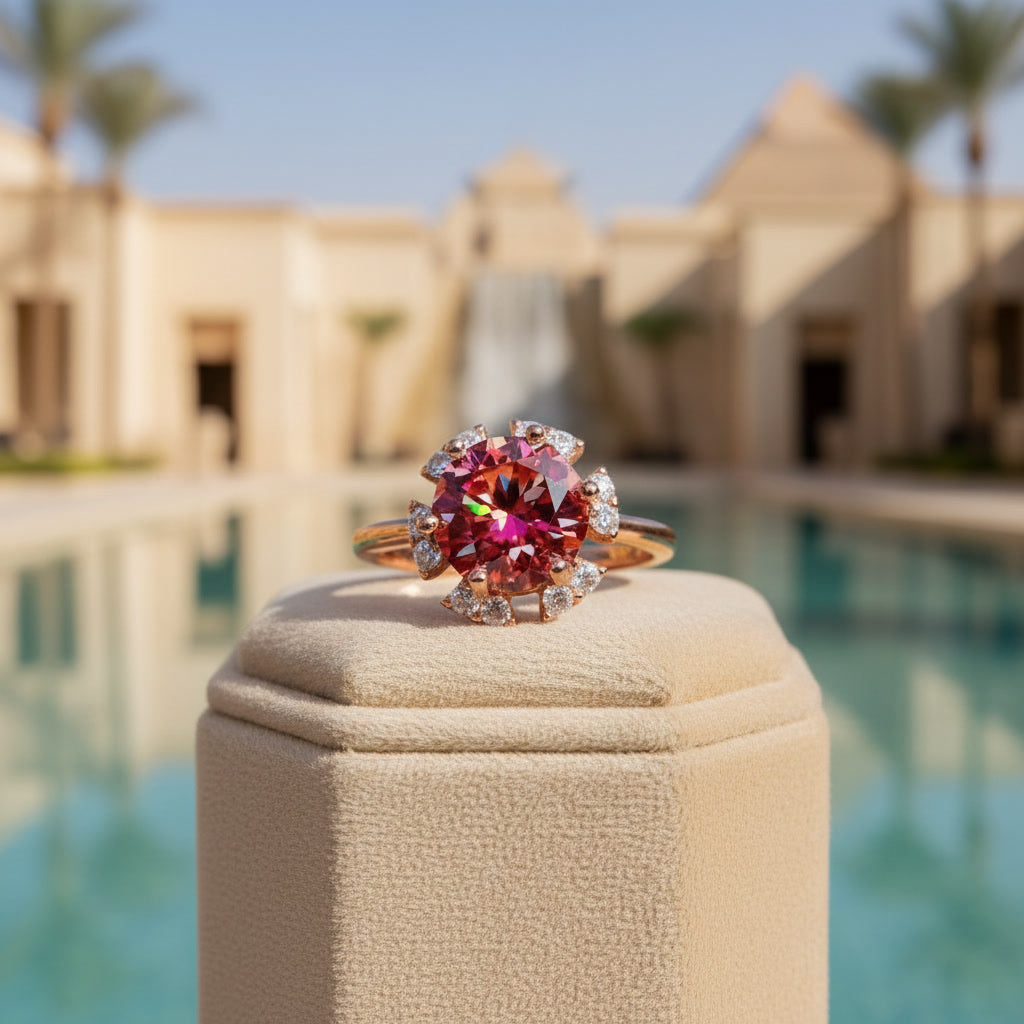 2 carat watermelon red round moissanite flower ring with cubic zirconia halo in rose gold plated 925 sterling silver on a white background
