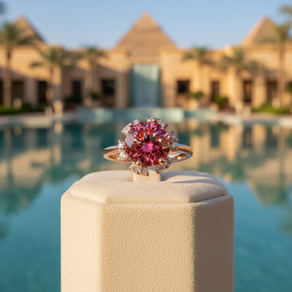 2 carat watermelon red round moissanite flower ring with cubic zirconia halo in rose gold plated 925 sterling silver on a white background