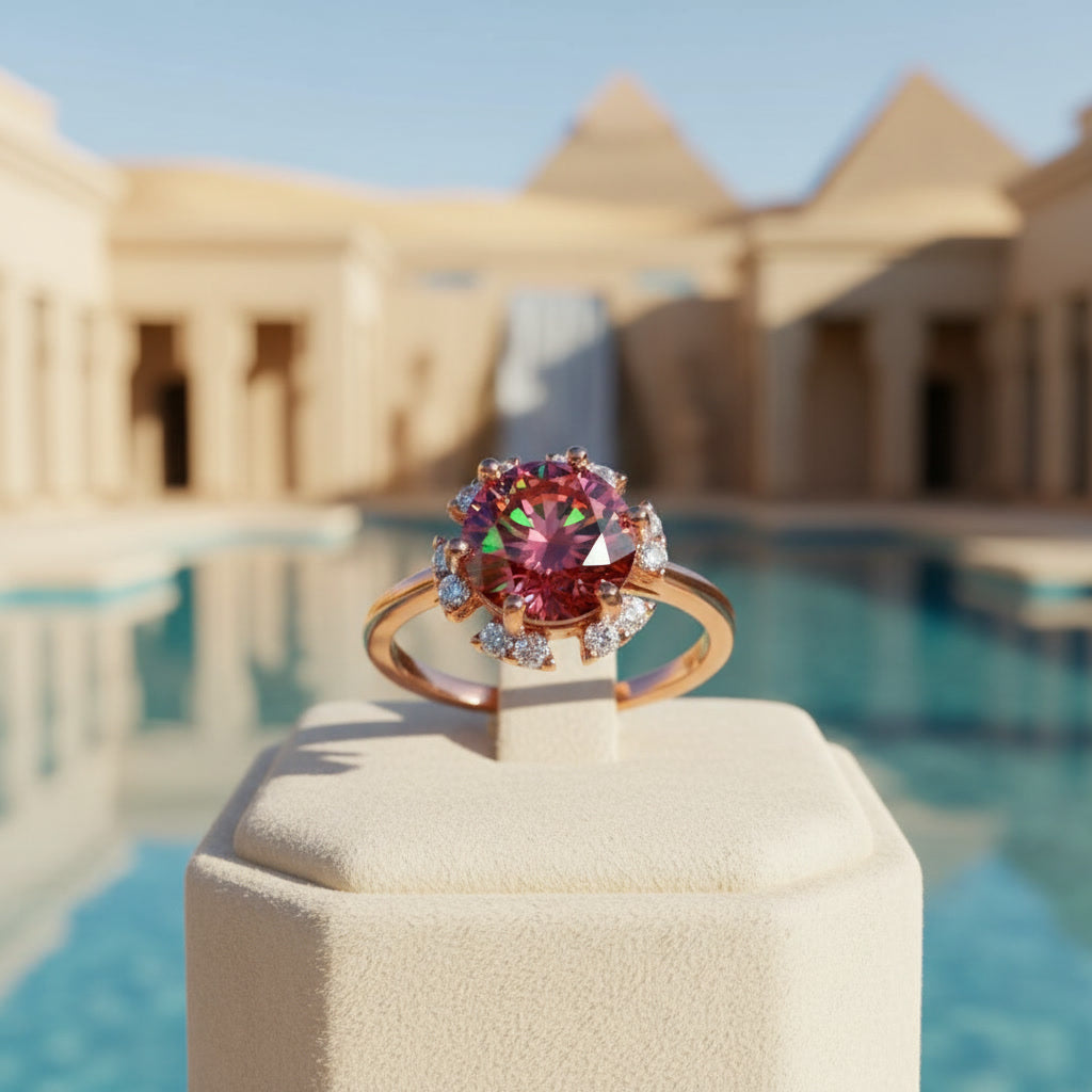 2 carat watermelon red round moissanite flower ring with cubic zirconia halo in rose gold plated 925 sterling silver on a white background
