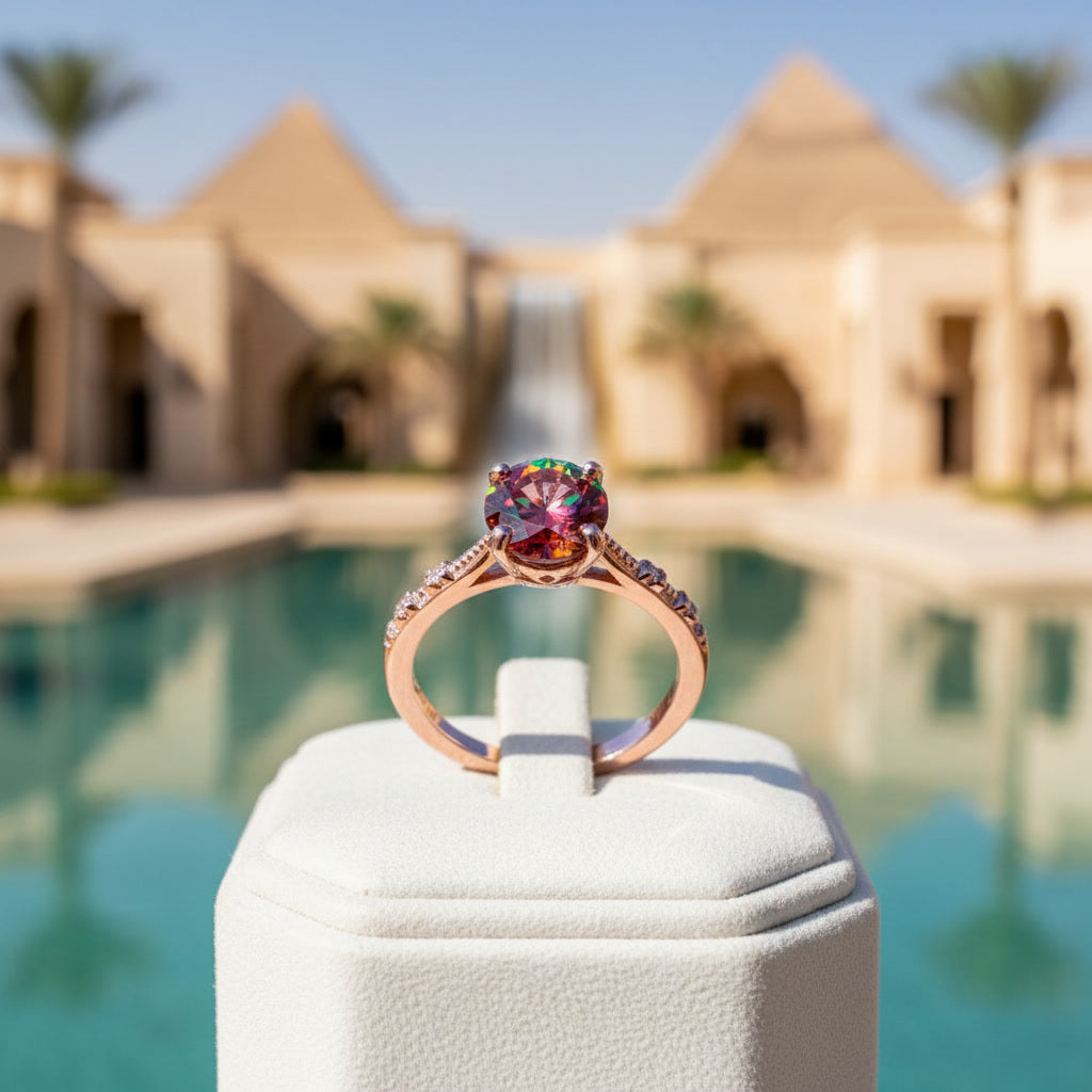 1 carat 6.5mm round Watermelon Red moissanite crown setting ring with cubic zirconia accents in rose gold plated sterling silver on a white background