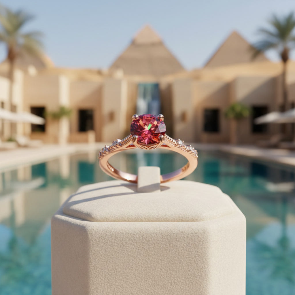 1 carat 6.5mm round Watermelon Red moissanite crown setting ring with cubic zirconia accents in rose gold plated sterling silver on a white background