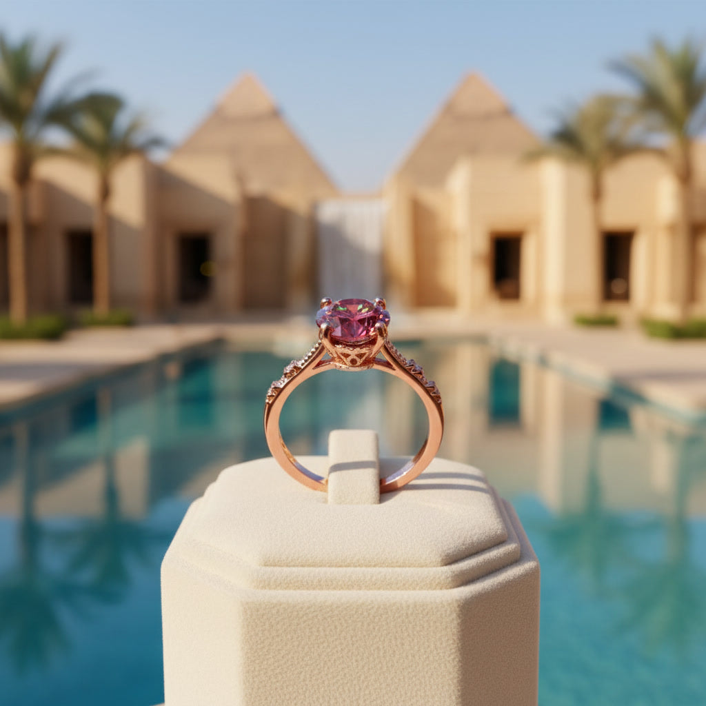 1 carat 6.5mm round Watermelon Red moissanite crown setting ring with cubic zirconia accents in rose gold plated sterling silver on a white background