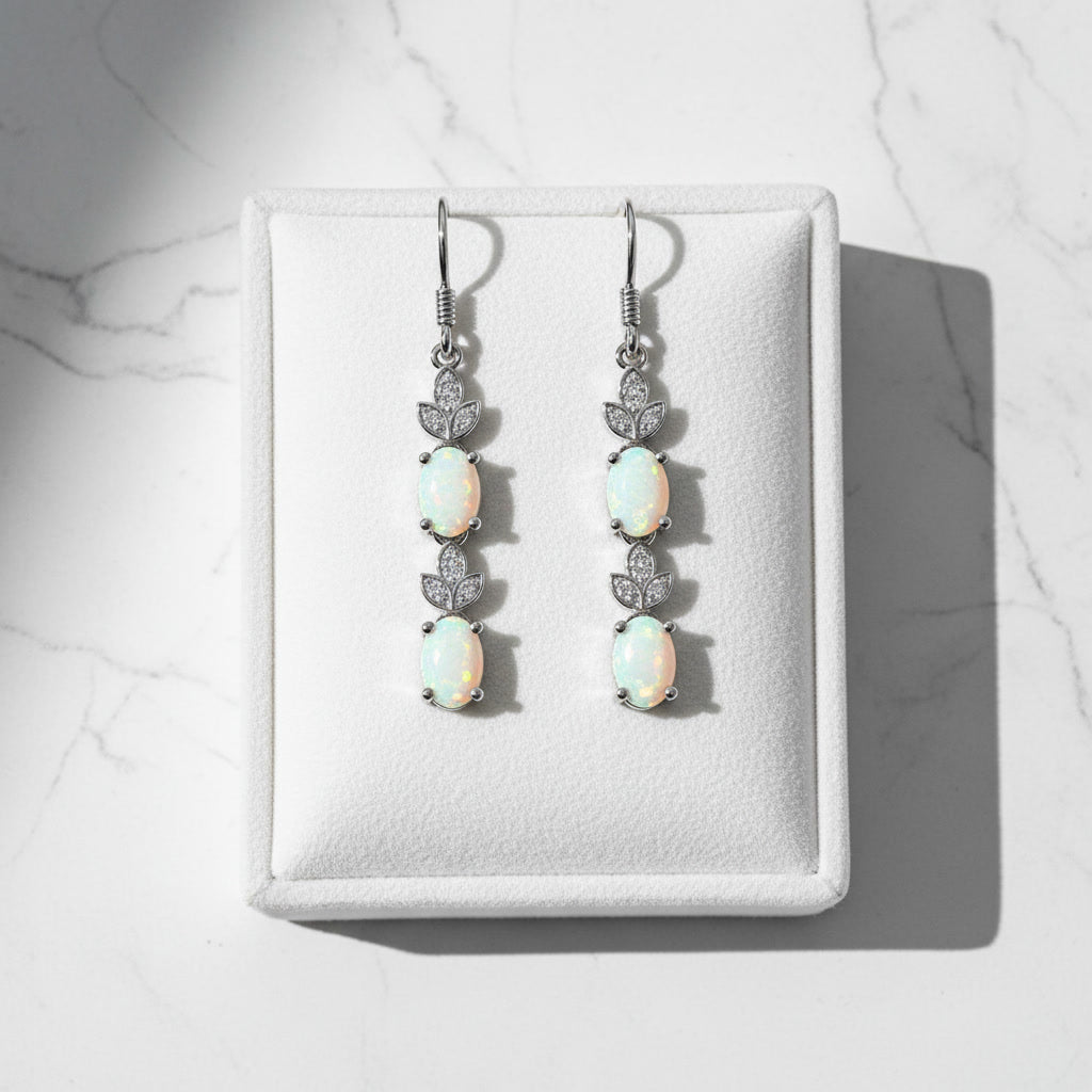 Natural Fire Opal Dangle Earrings, Colorful Fire Opal Earrings 4x6mm Sterling