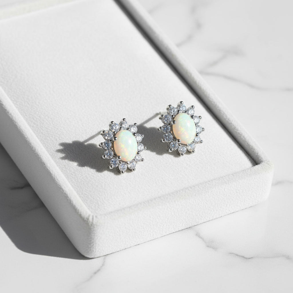 Stud Earrings Opal, Opal Gemstone Silver, Natural Opal Earrings 925 Sterling 4x5