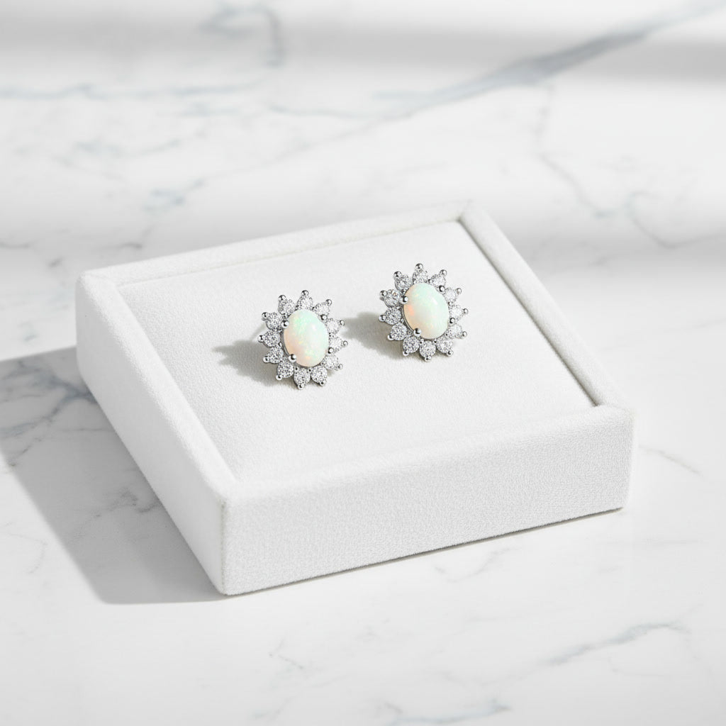 Stud Earrings Opal, Opal Gemstone Silver, Natural Opal Earrings 925 Sterling 4x5