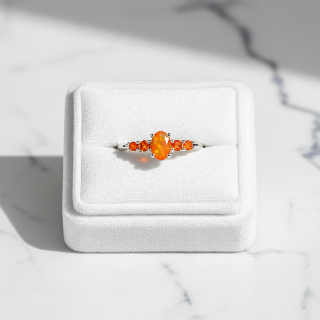 Natural Orange Fire Opal Band Ring 925 Sterling Silver 5x7mm