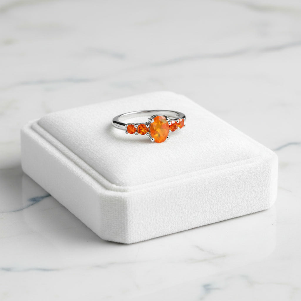 Natural Orange Fire Opal Band Ring 925 Sterling Silver 5x7mm