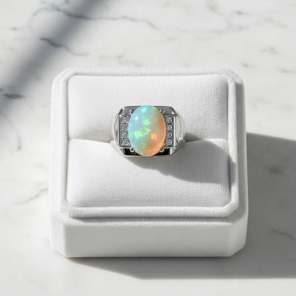 Men's Fire Opal Ring 10x14mm, Natural Opal Men's Ring 925 Sterling Silver