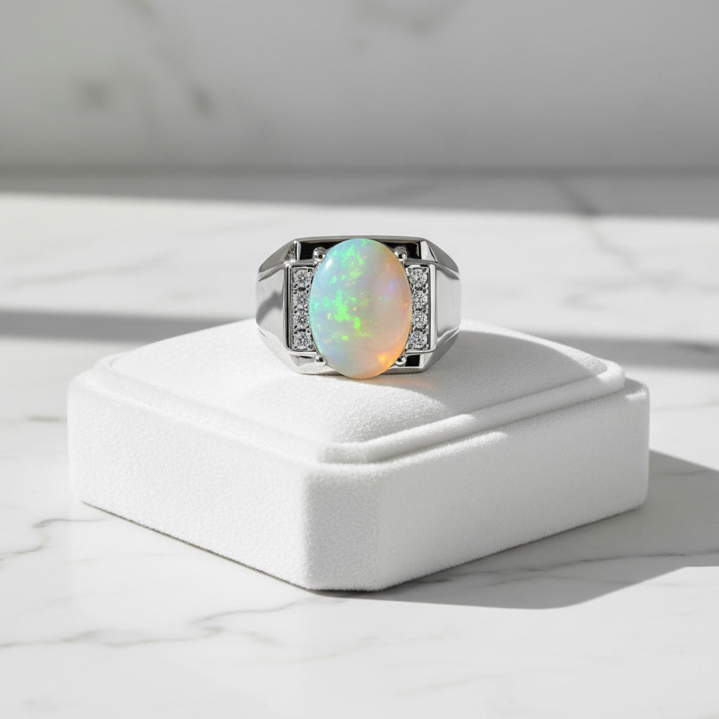 Men's Fire Opal Ring 10x14mm, Natural Opal Men's Ring 925 Sterling Silver