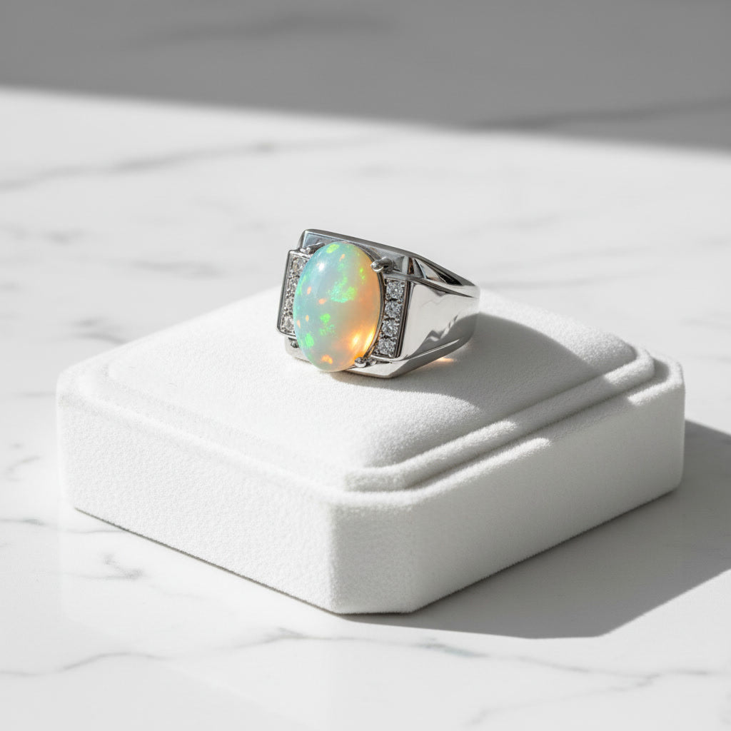 Men's Fire Opal Ring 10x14mm, Natural Opal Men's Ring 925 Sterling Silver