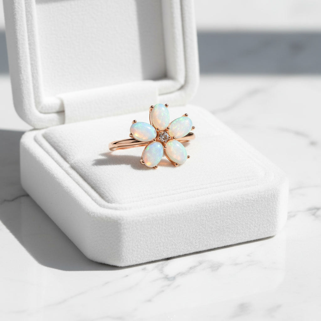 Australian Fire Opal Flower Ring 4x6mm 925 Sterling Silver