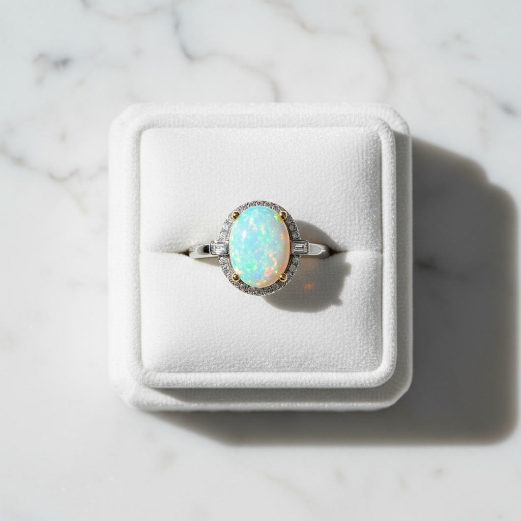 Australian White Opal Ring 8x10mm 925 Sterling Silver