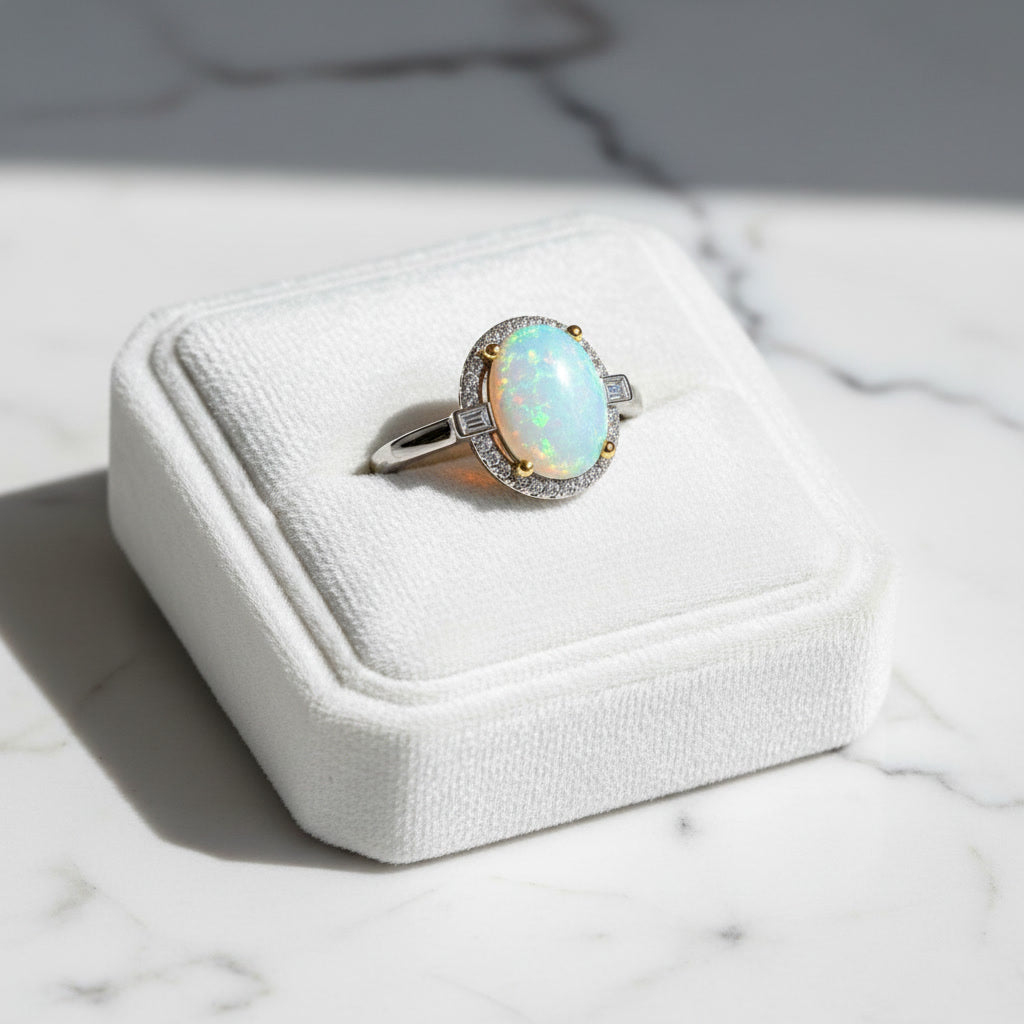 Australian White Opal Ring 8x10mm 925 Sterling Silver