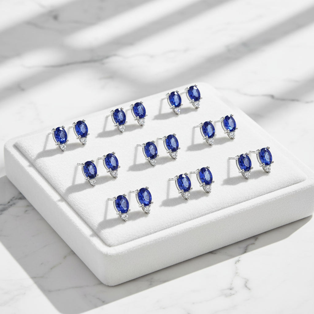 Dainty Blue Sapphire Stud Earrings 4x5mm Sterling Silver, Sapphire Earrings