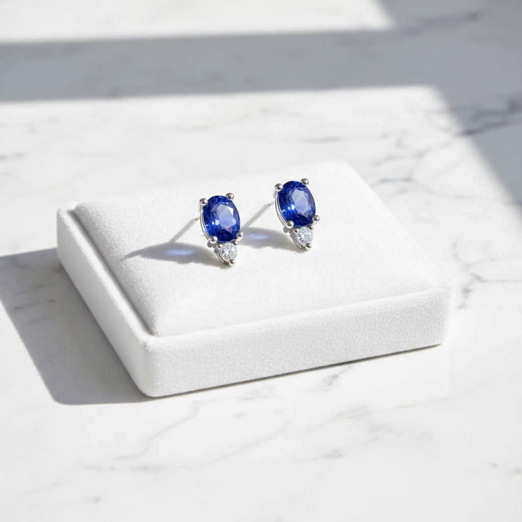 Dainty Blue Sapphire Stud Earrings 4x5mm Sterling Silver, Sapphire Earrings