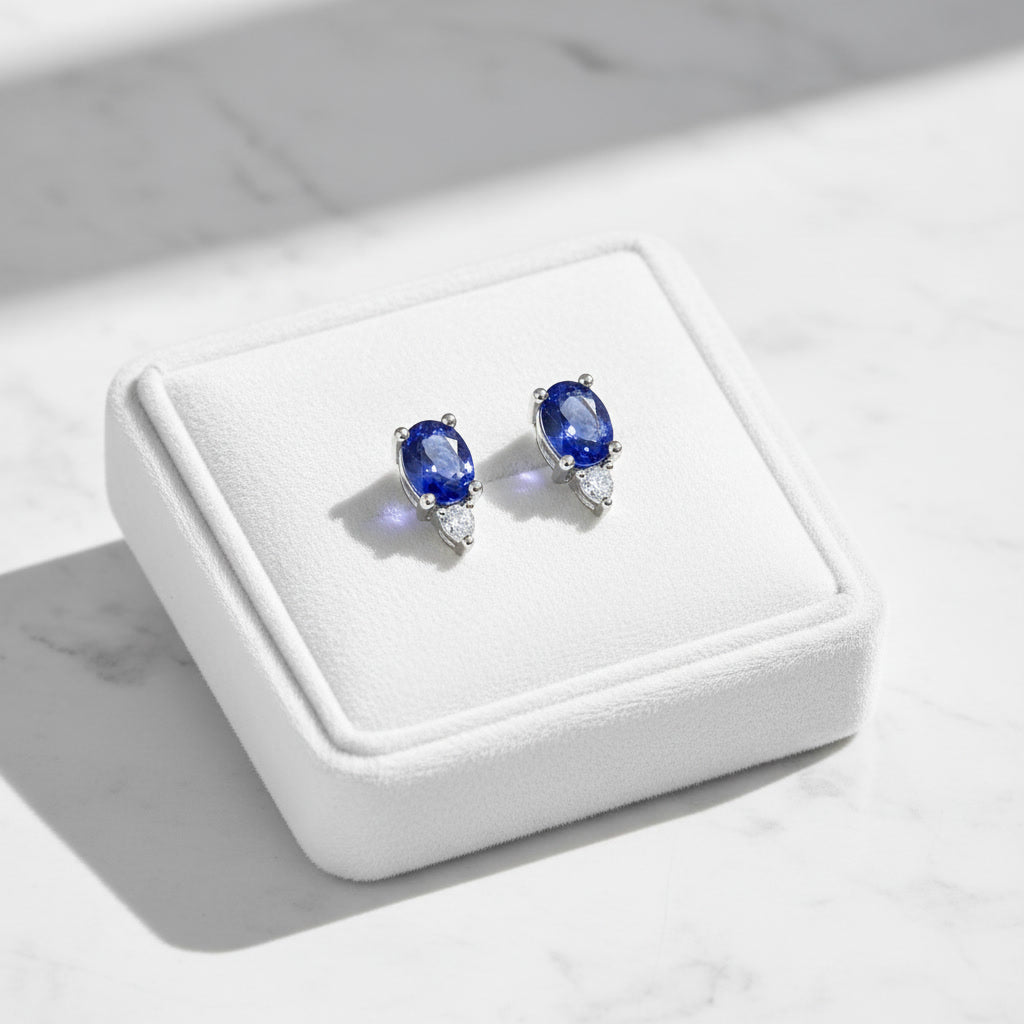 Dainty Blue Sapphire Stud Earrings 4x5mm Sterling Silver, Sapphire Earrings