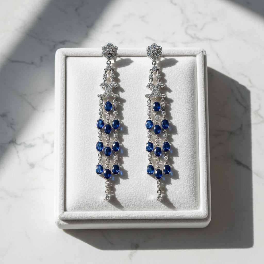 Three Tier Chandelier Sapphire Earrings, Natural Blue Sapphire VVS Grade