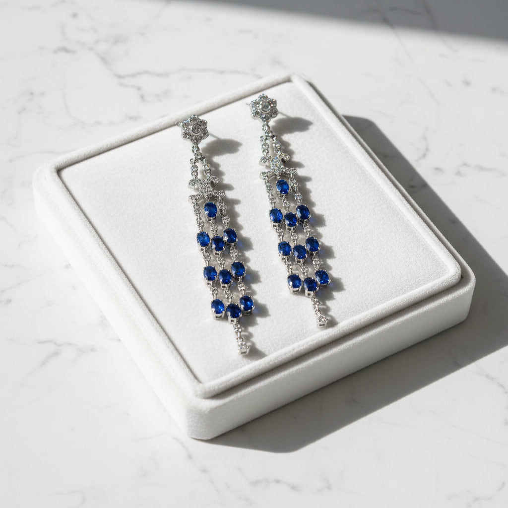Three Tier Chandelier Sapphire Earrings, Natural Blue Sapphire VVS Grade