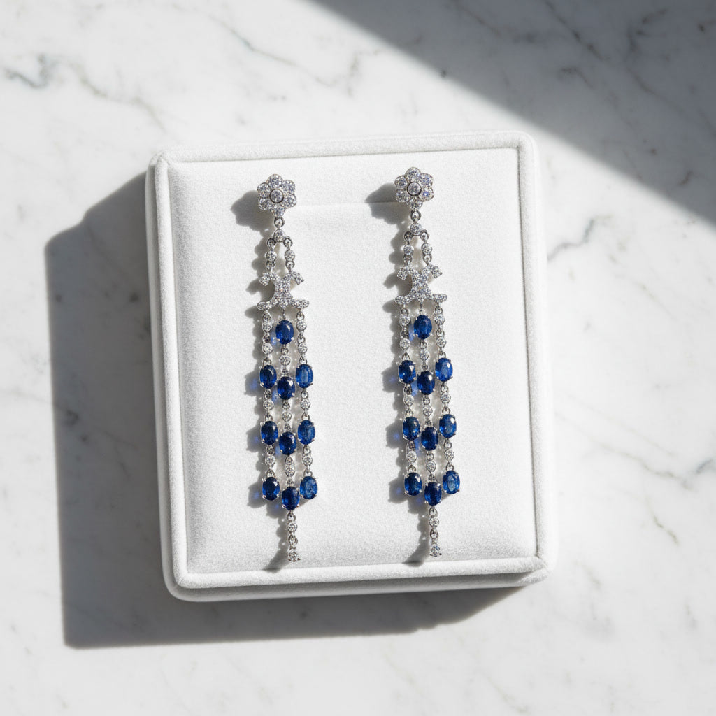 Three Tier Chandelier Sapphire Earrings, Natural Blue Sapphire VVS Grade