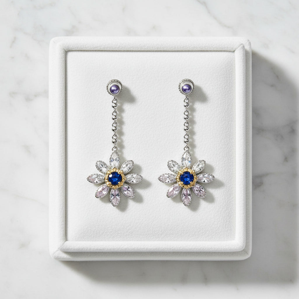 Blue Sapphire Long Dangle Flower Earrings, VVS Grade Blue Sapphire Earrings