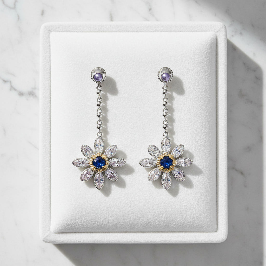 Blue Sapphire Long Dangle Flower Earrings, VVS Grade Blue Sapphire Earrings