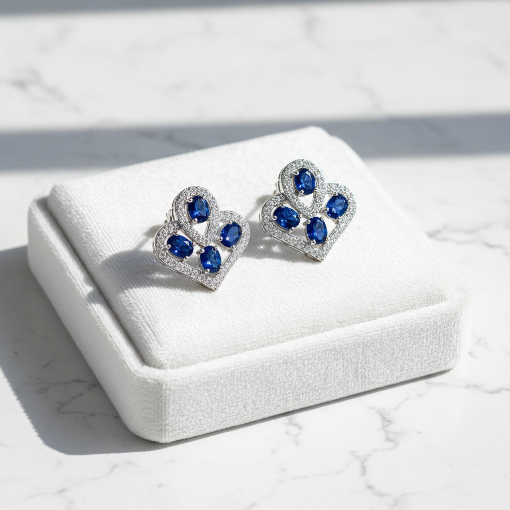 Natural Blue Sri Lanka Sapphire Earrings in 925 Sterling Silver with 3x4 mm oval natural sapphires and cubic zirconia accents