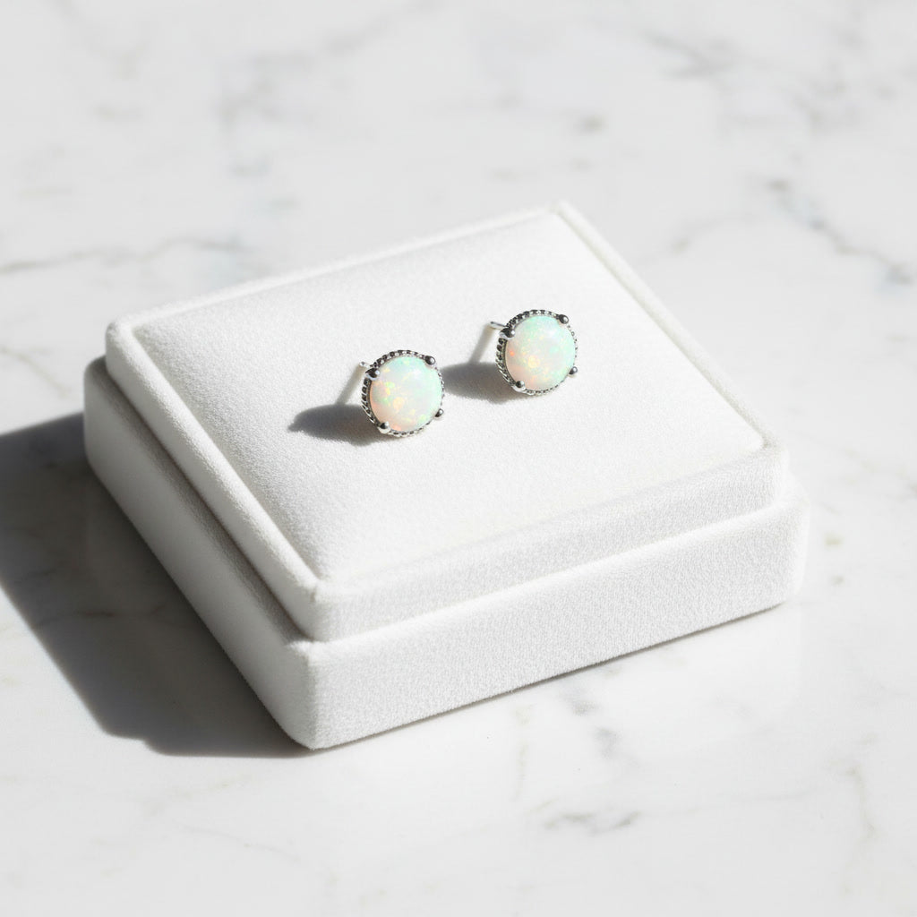 Faceted White Opal Stud Earrings 5mm 925 Sterling Silver