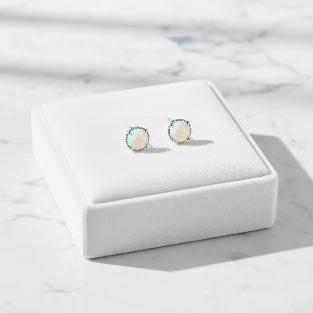 Faceted White Opal Stud Earrings 5mm 925 Sterling Silver
