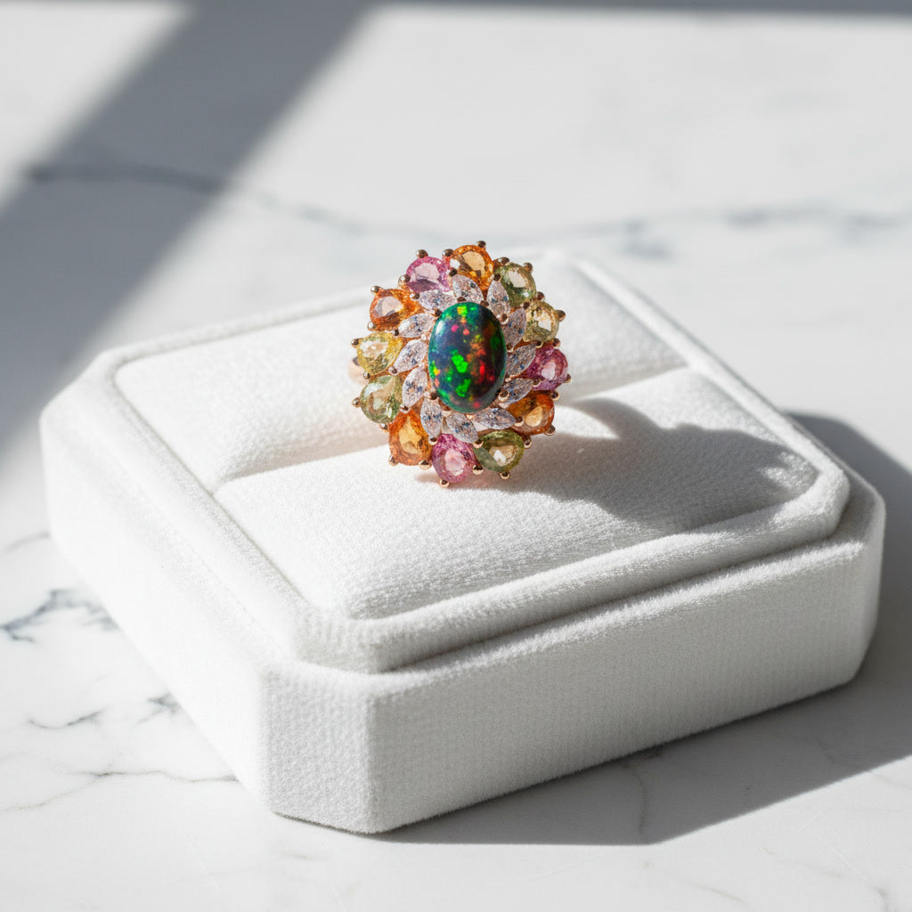 Natural Black Australian Fire Opal Ring with Multicolor Sapphires in 925 Sterling Silver
