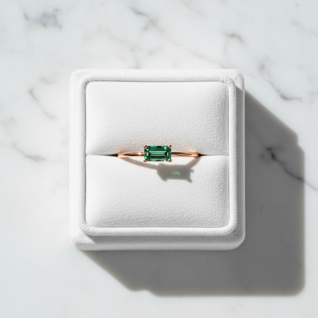 1 Carat Emerald Cut Green Moissanite Ring, Horizontal Green Moissanite Ring
