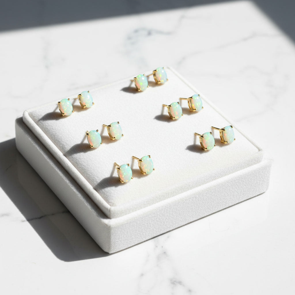 White Fire Opal Stud Earrings 5x7mm 925 Sterling Silver