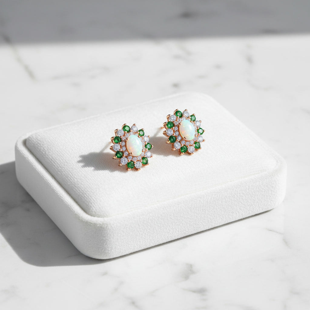 White Fire Opal and Chrome Diopside Flower Stud Earrings