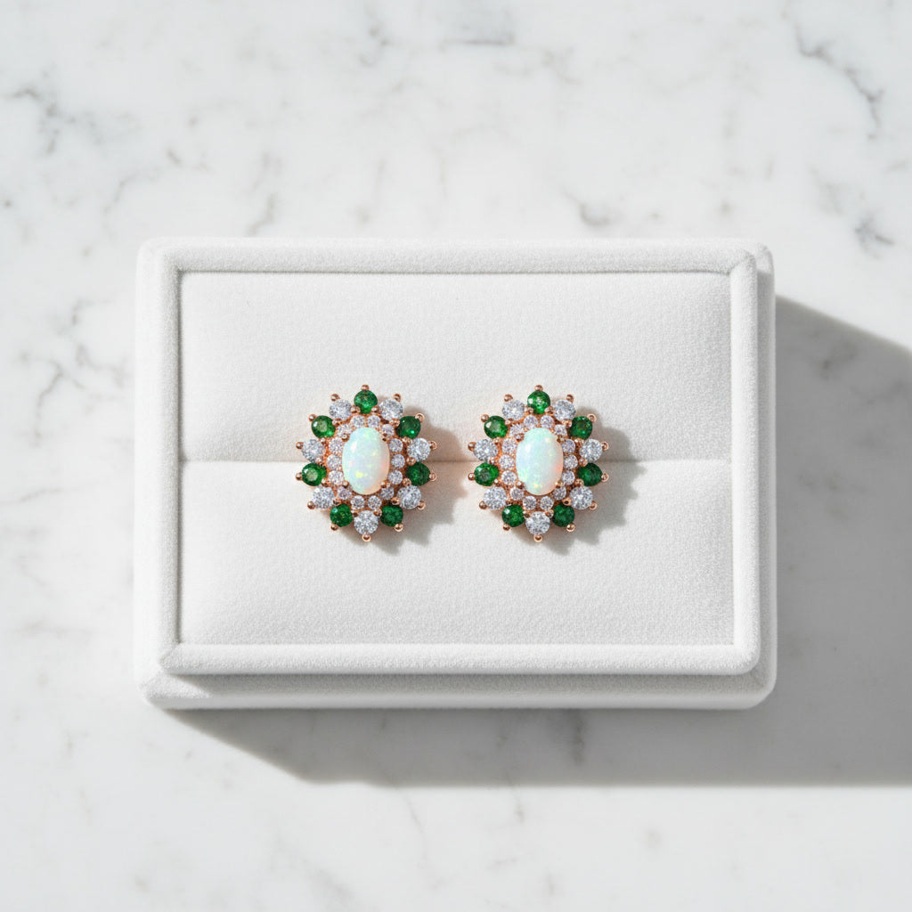 White Fire Opal and Chrome Diopside Flower Stud Earrings