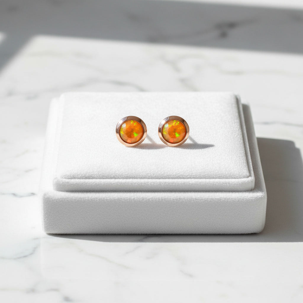 Orange Fire Opal Bezel Setting Stud Earrings 5mm, Orange Fire Opal Earrings