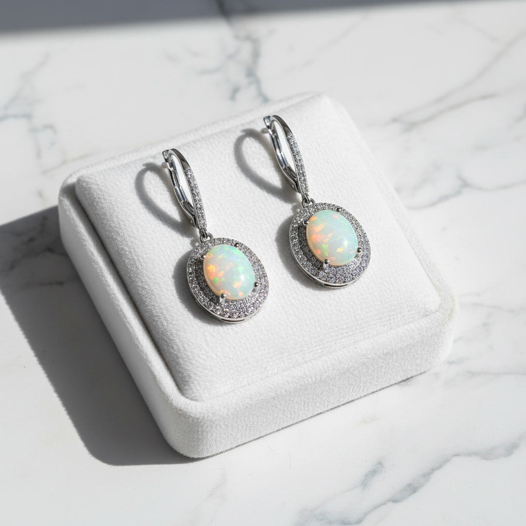 Large Fire Opal Dangle Earrings 8x10mm 925 Sterling Silver