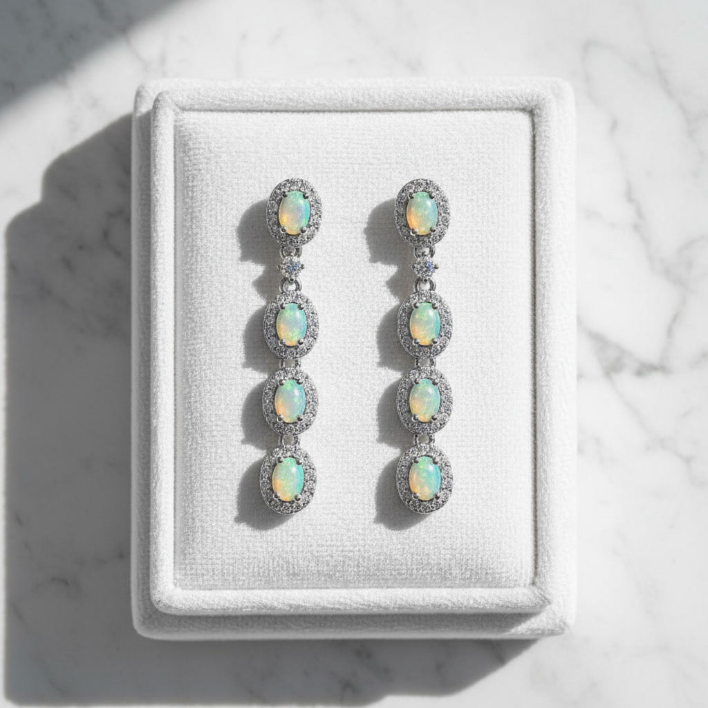 Australian White Opal Dangle Earrings 4x6mm 925 Sterling Silver