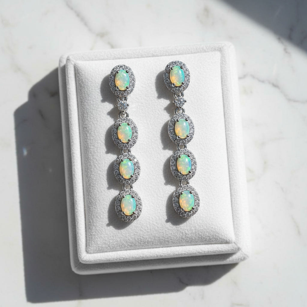 Australian White Opal Dangle Earrings 4x6mm 925 Sterling Silver