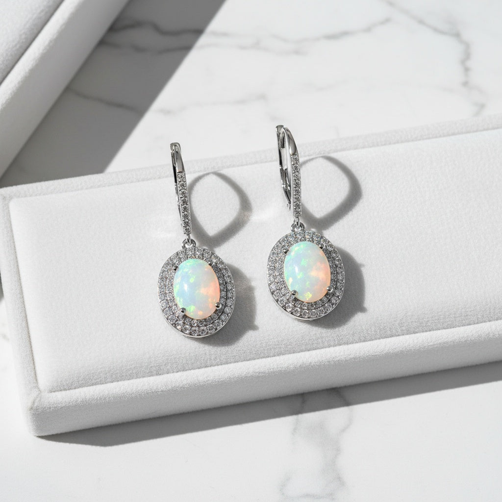 Large Fire Opal Dangle Earrings 8x10mm 925 Sterling Silver