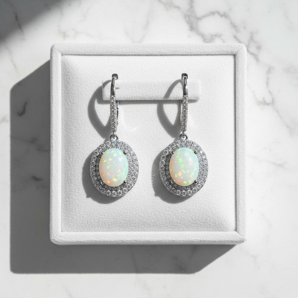 Large Fire Opal Dangle Earrings 8x10mm 925 Sterling Silver