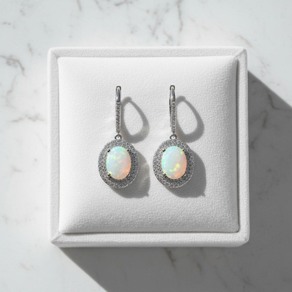 Large Fire Opal Dangle Earrings 8x10mm 925 Sterling Silver
