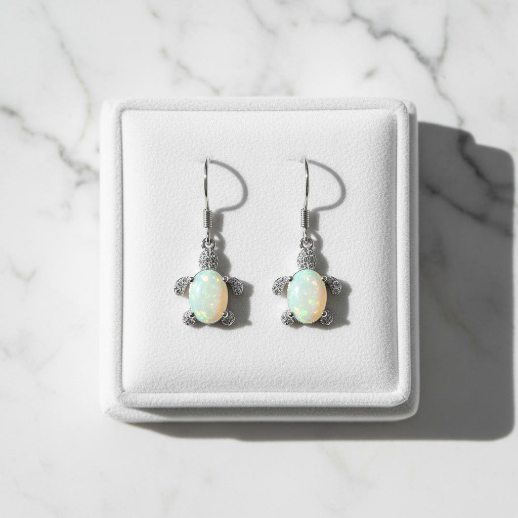 Turtle Opal Earrings, Natural Fire Opal Turtle Dangle Earrings Sterling Silver