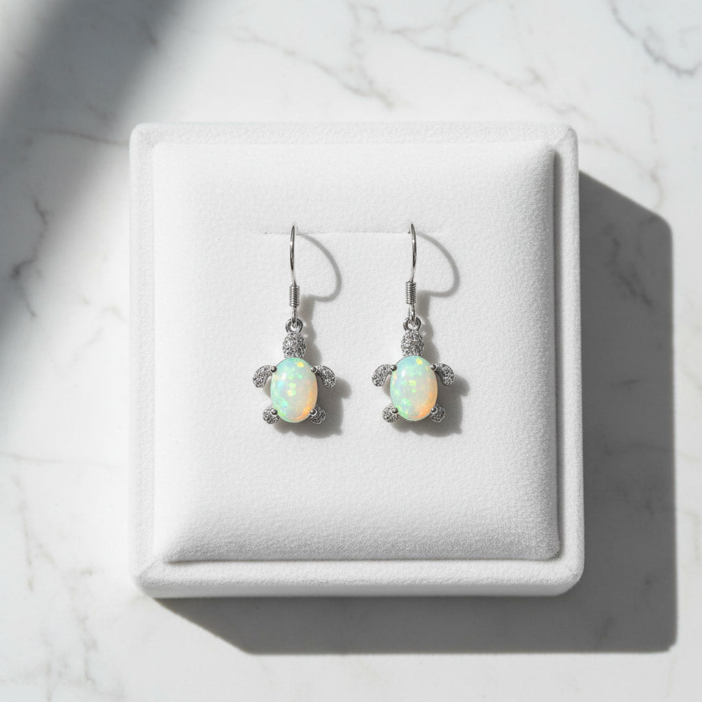 Turtle Opal Earrings, Natural Fire Opal Turtle Dangle Earrings Sterling Silver
