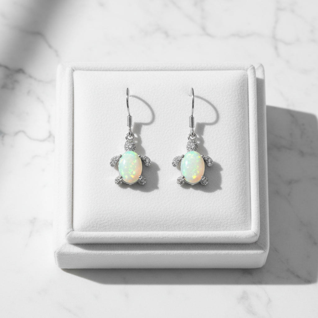 Turtle Opal Earrings, Natural Fire Opal Turtle Dangle Earrings Sterling Silver