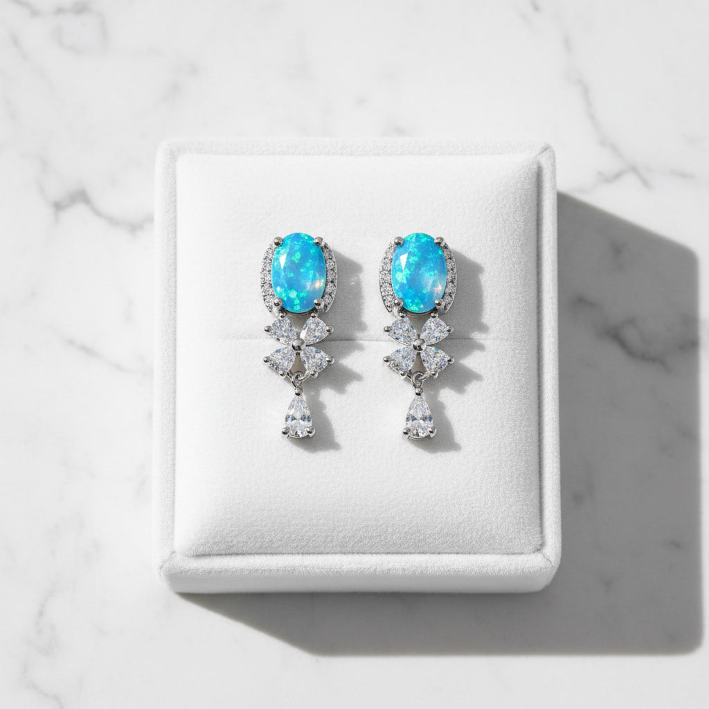 Blue Opal Banquet Stud Earrings, Natural Blue Fire Opal Stud Earrings 5x7mm