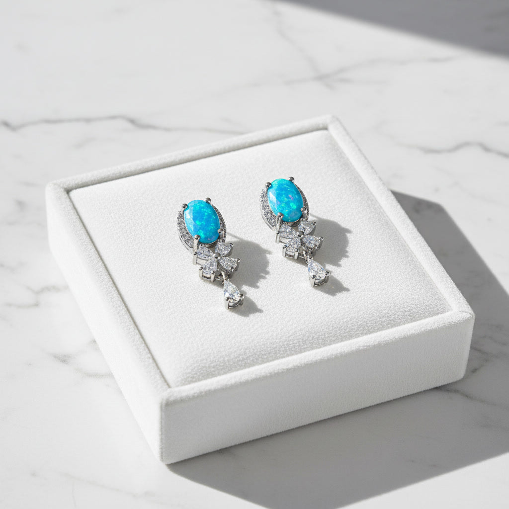 Blue Opal Banquet Stud Earrings, Natural Blue Fire Opal Stud Earrings 5x7mm