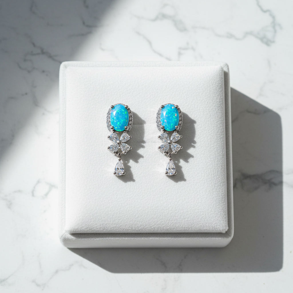 Blue Opal Banquet Stud Earrings, Natural Blue Fire Opal Stud Earrings 5x7mm